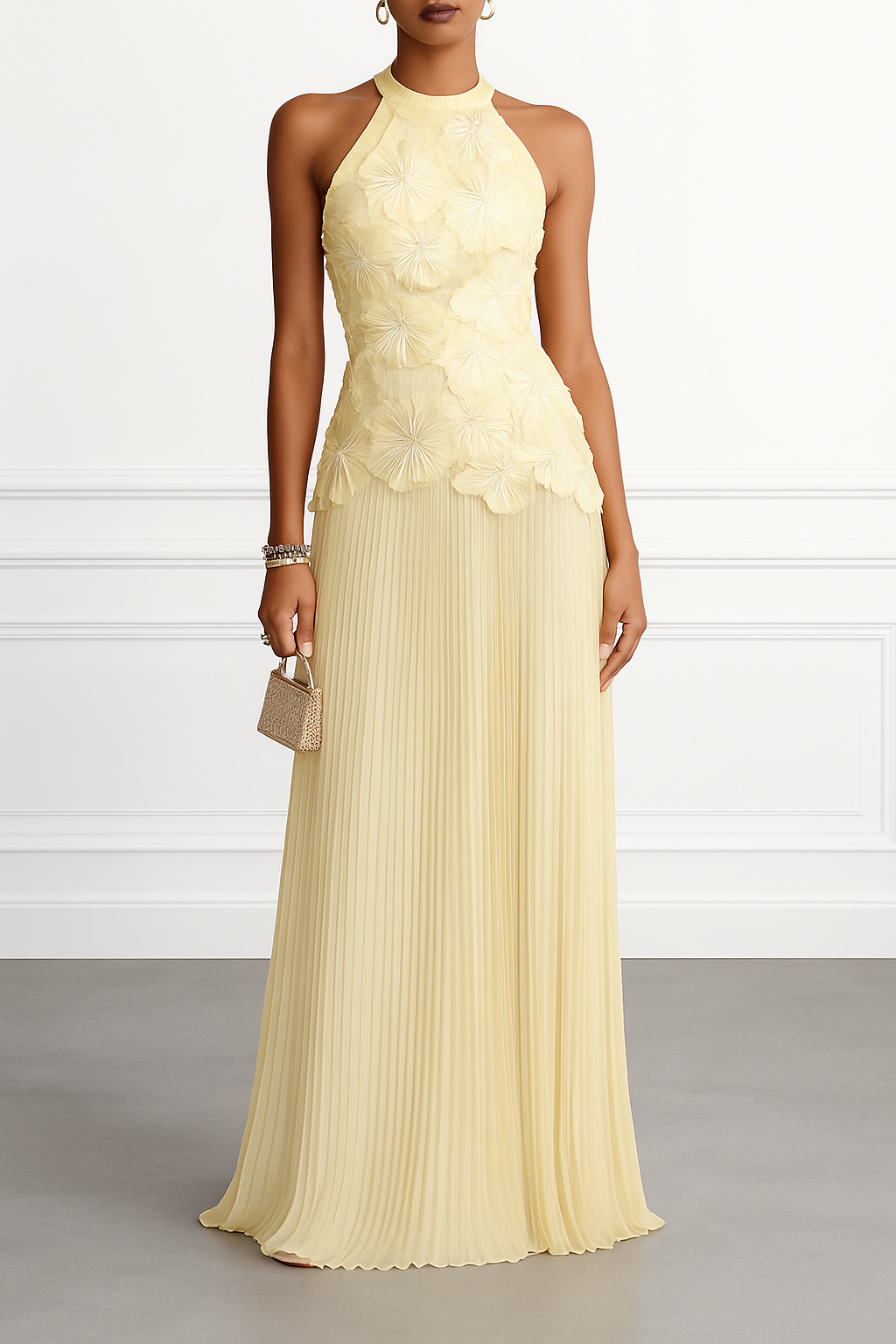 Emilie 3D Floral Embroidery Pleated Chiffon Hem Halter Neck Sleeveless Maxi Dress