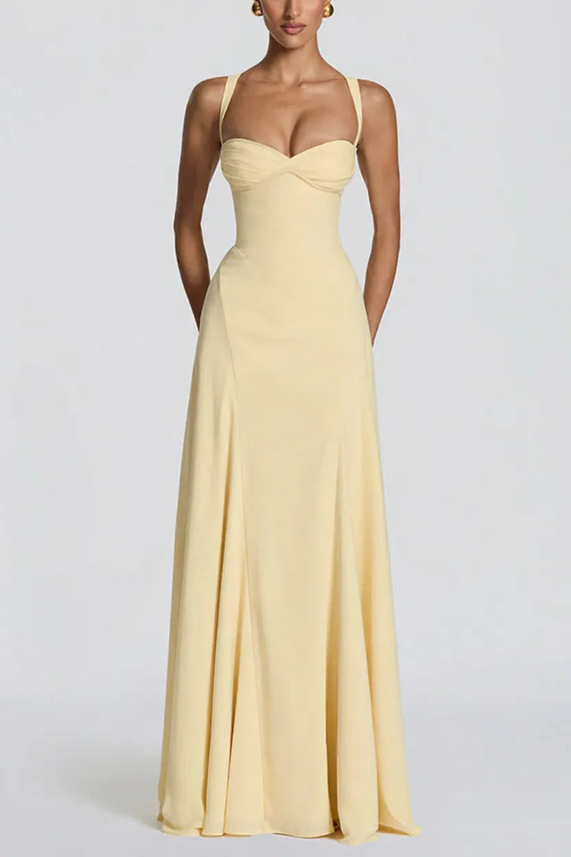Irie Chiffon Sweetheart Neck Tapered Shoulder Straps Back Lace-up Drape Maxi Dress