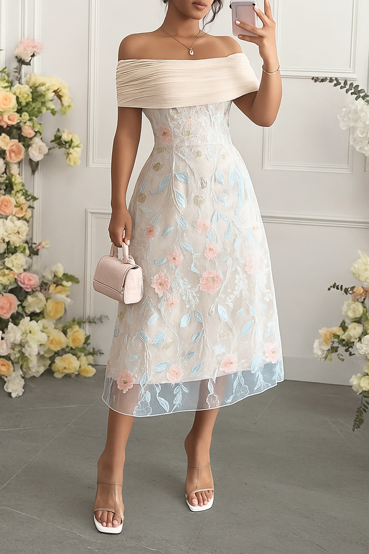 Elegant Ruched Off-Shoulder Floral Appliqué Midi Dress