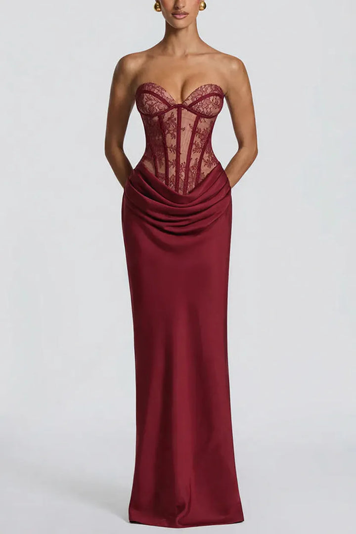 Kathleen Floral Lace Contrast Structural Detail Back Lace-up Satin Hem Strapless Maxi Dress