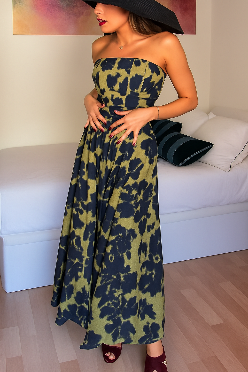 Elara Linen Blend Floral Print Princess Line Design Detachable Sleeves Maxi Dress
