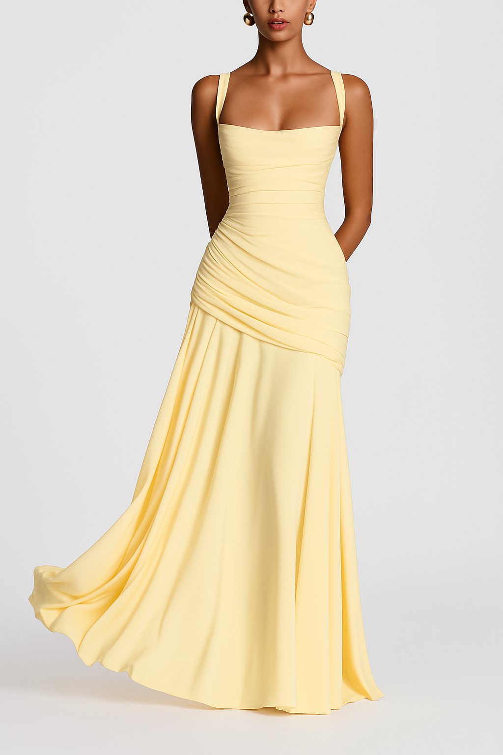 Stylish Spaghetti Strap Square Neck Slim-fit Elegant Pleated Maxi Dress