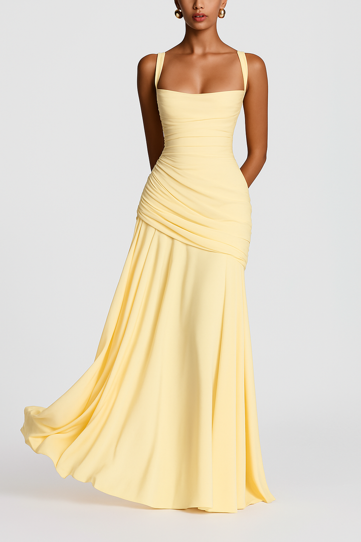 Stylish Spaghetti Strap Square Neck Slim-fit Elegant Pleated Maxi Dress
