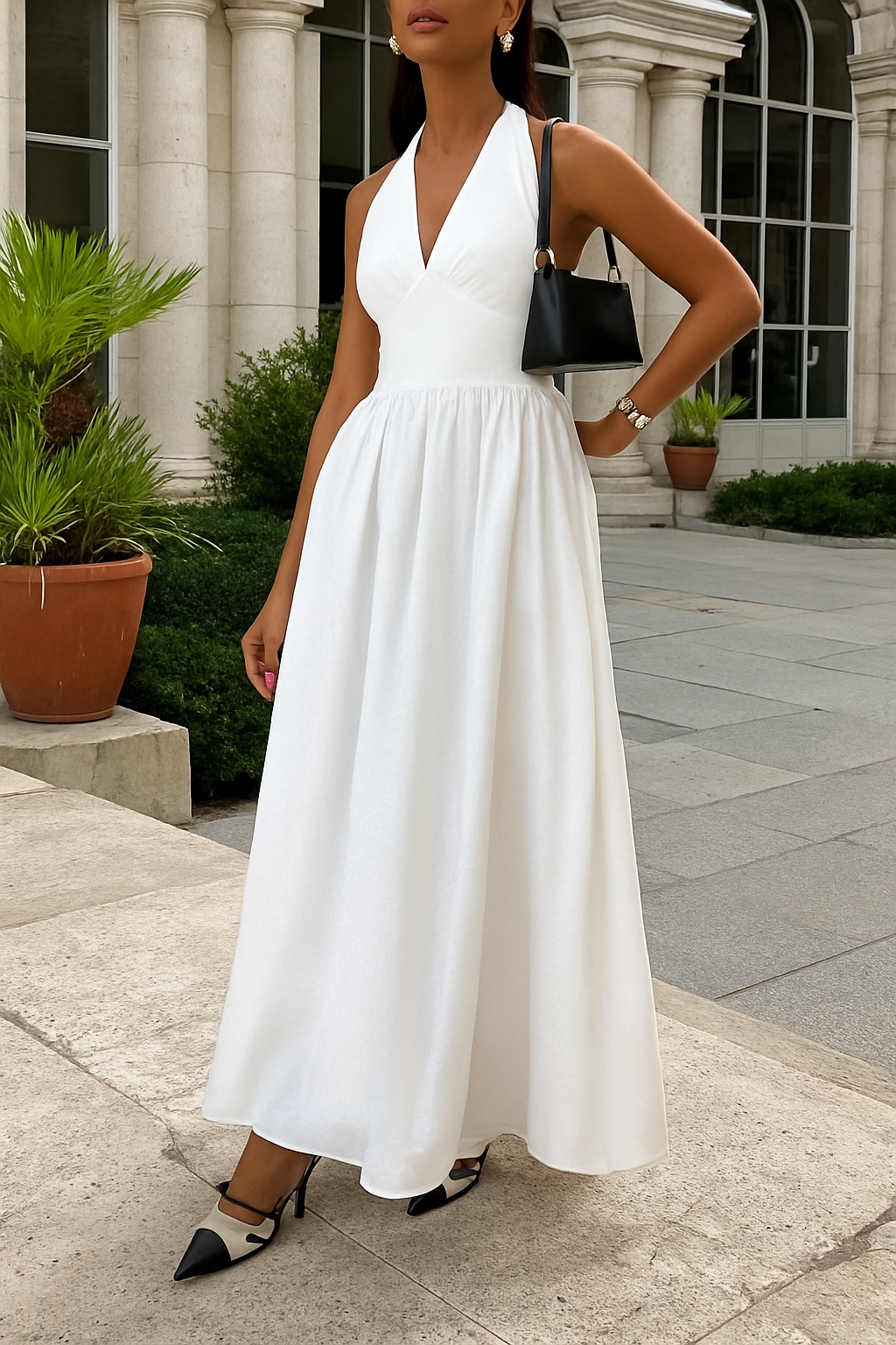 Solid Color Halter Neck Tie Elegant Backless Waist-cinching Maxi Dress