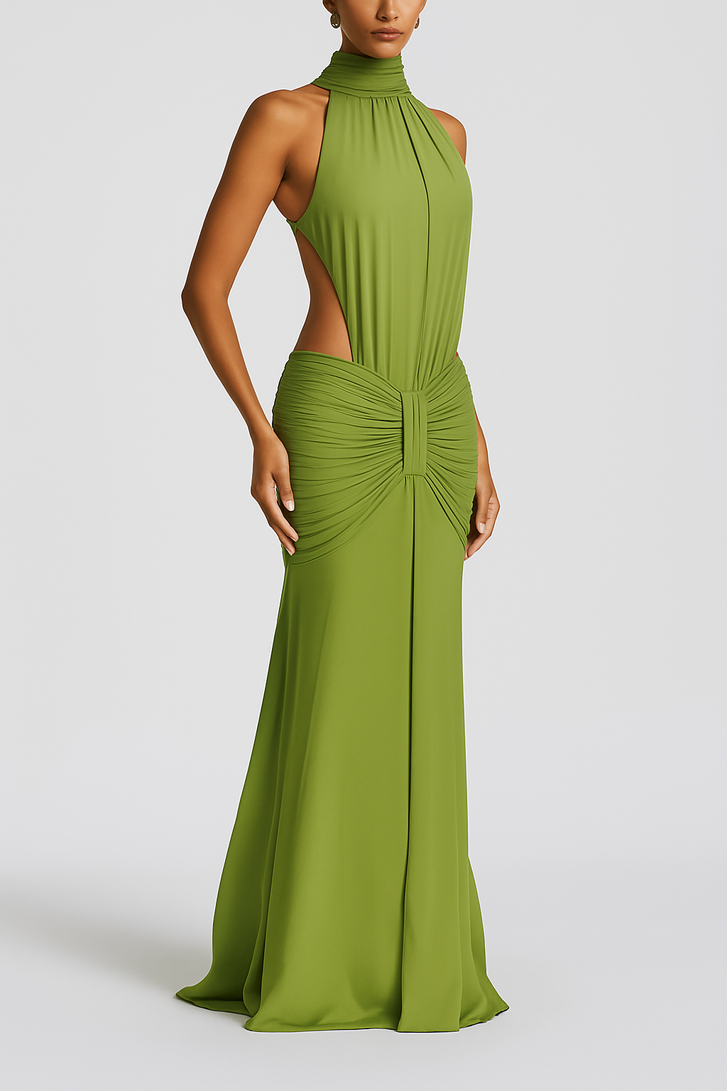 Thekla Stretch Slinky Jersey High Neck Ruched Backless Drape Maxi Dress