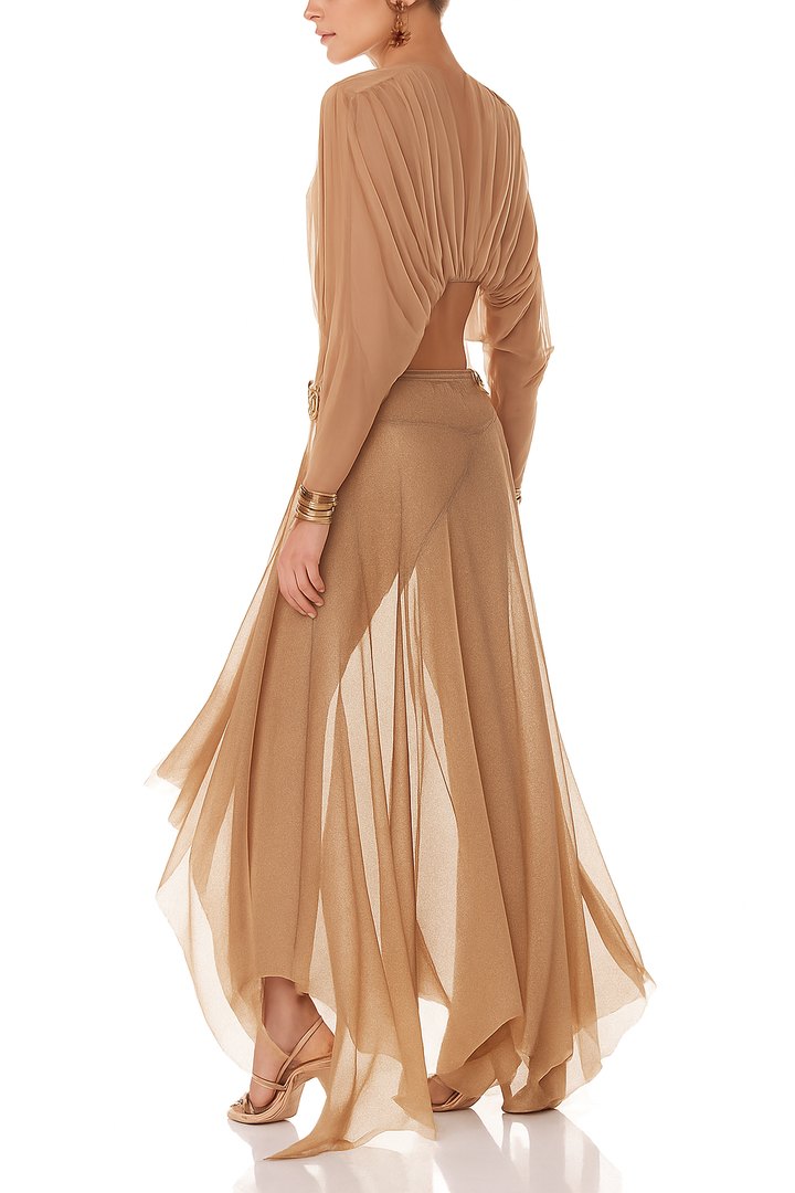 Dazzle Vacation Metallic Knit Long-sleeve Draped Crop Top and Mid Rise Irregular Slit Hem Maxi Skirt Set