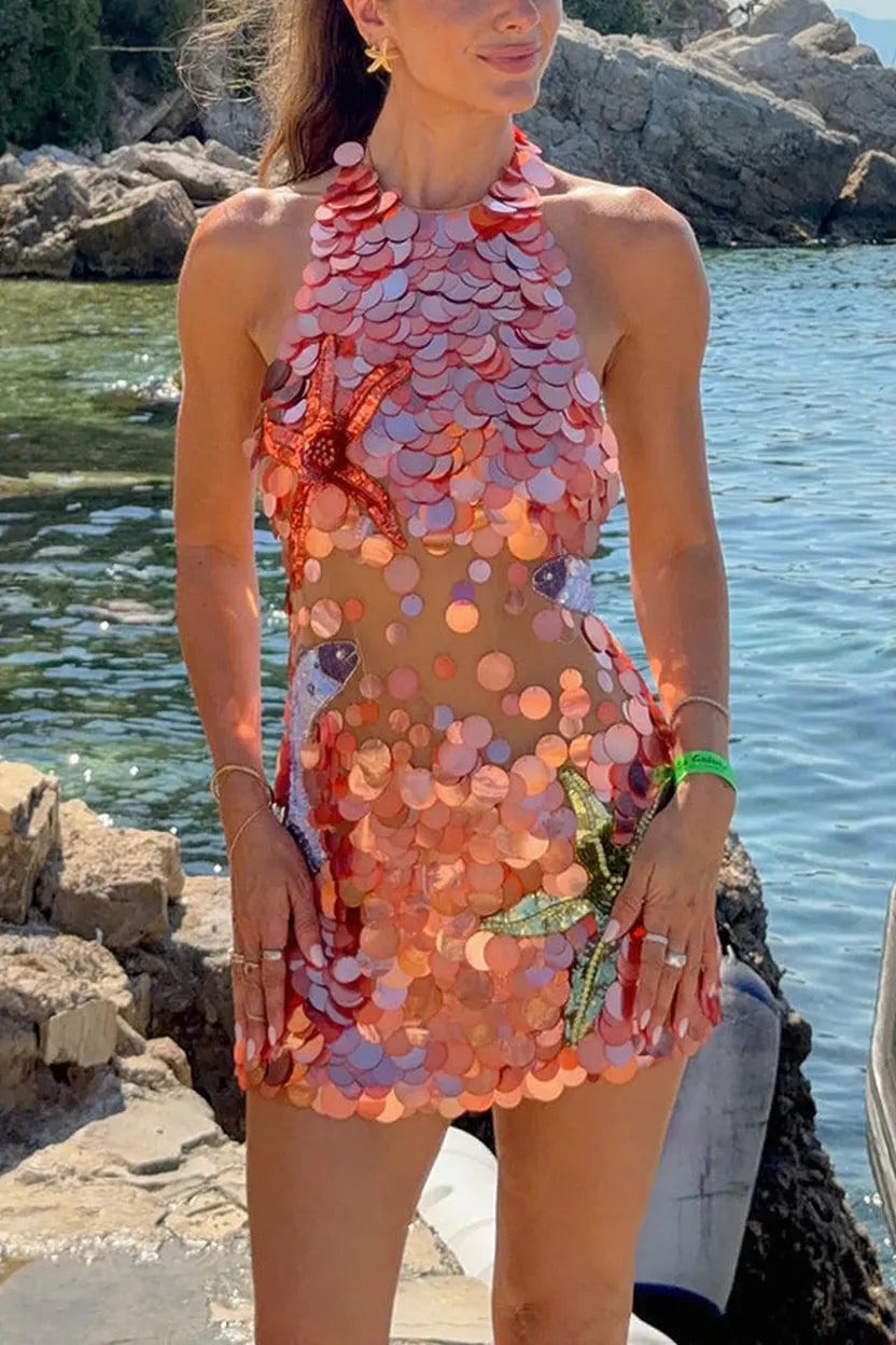 Dorothy Large Sequin Fish and Starfish Embroidery Detail Halter Mini Dress