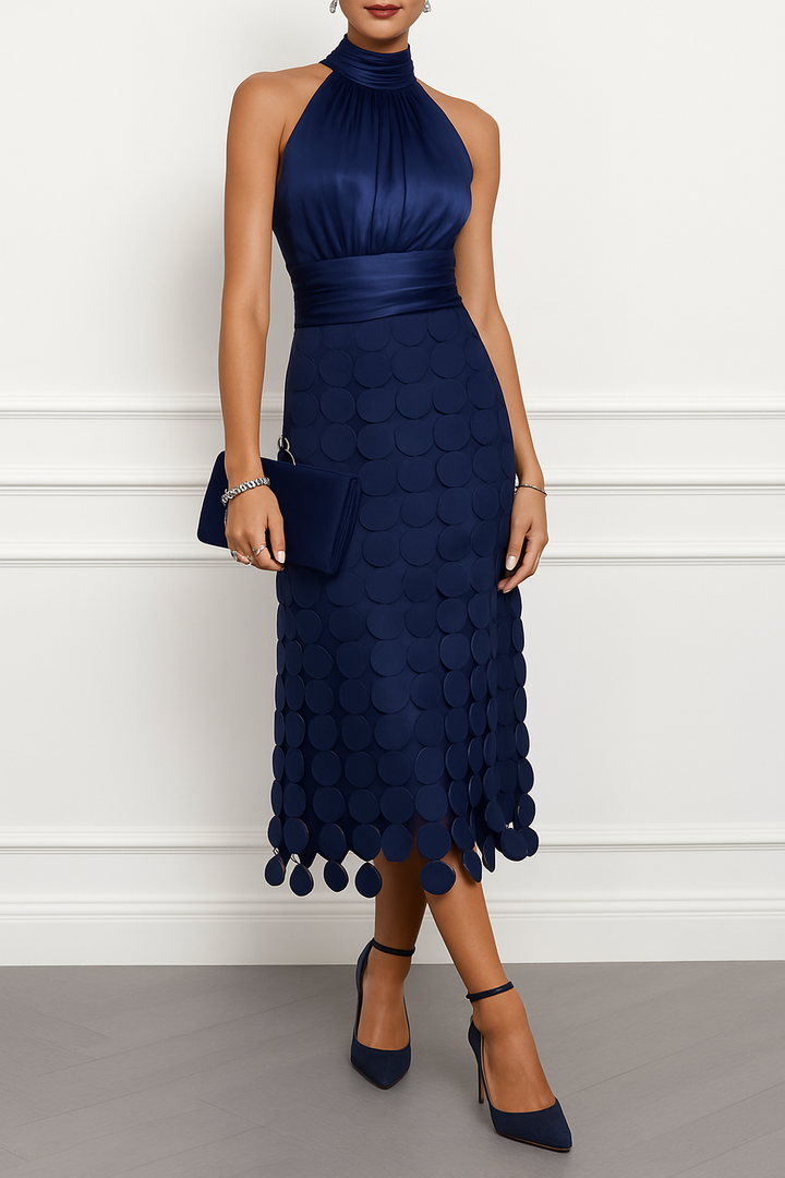 Janice Satin Ruched Halter Neck Sleeveless Embroidered Polka Dot Hem Midi Dress