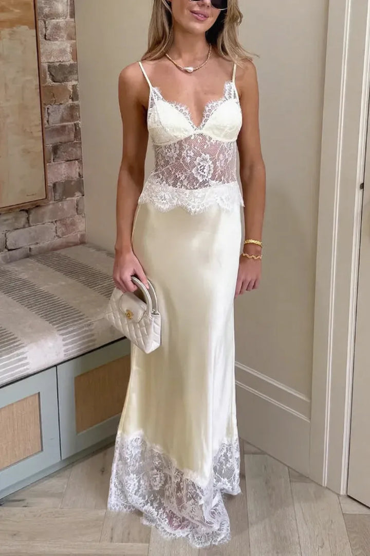 Fashionable Satin Lace Patchwork Sheer V-neck Elegant Slim-fit Maxi Dress
