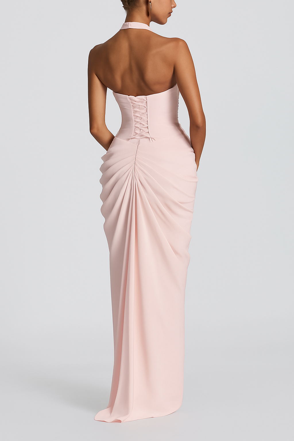 Minette Halter Back Lace-up Asymmetrical Pleats Slit Maxi Dress