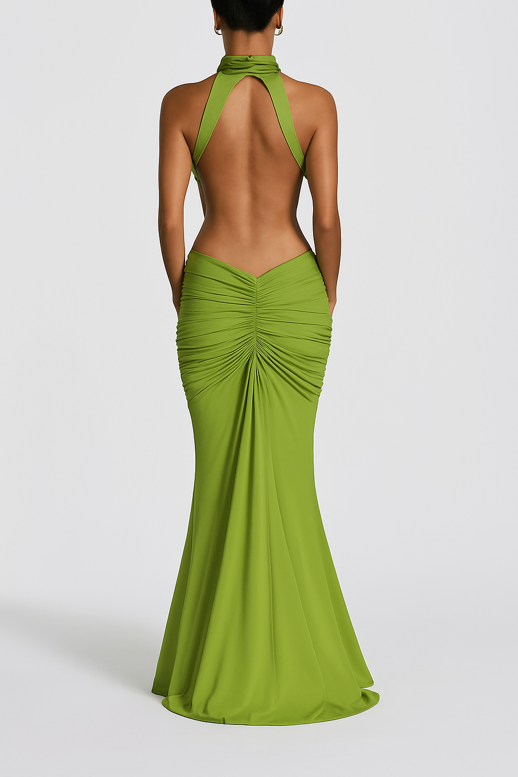 Thekla Stretch Slinky Jersey High Neck Ruched Backless Drape Maxi Dress