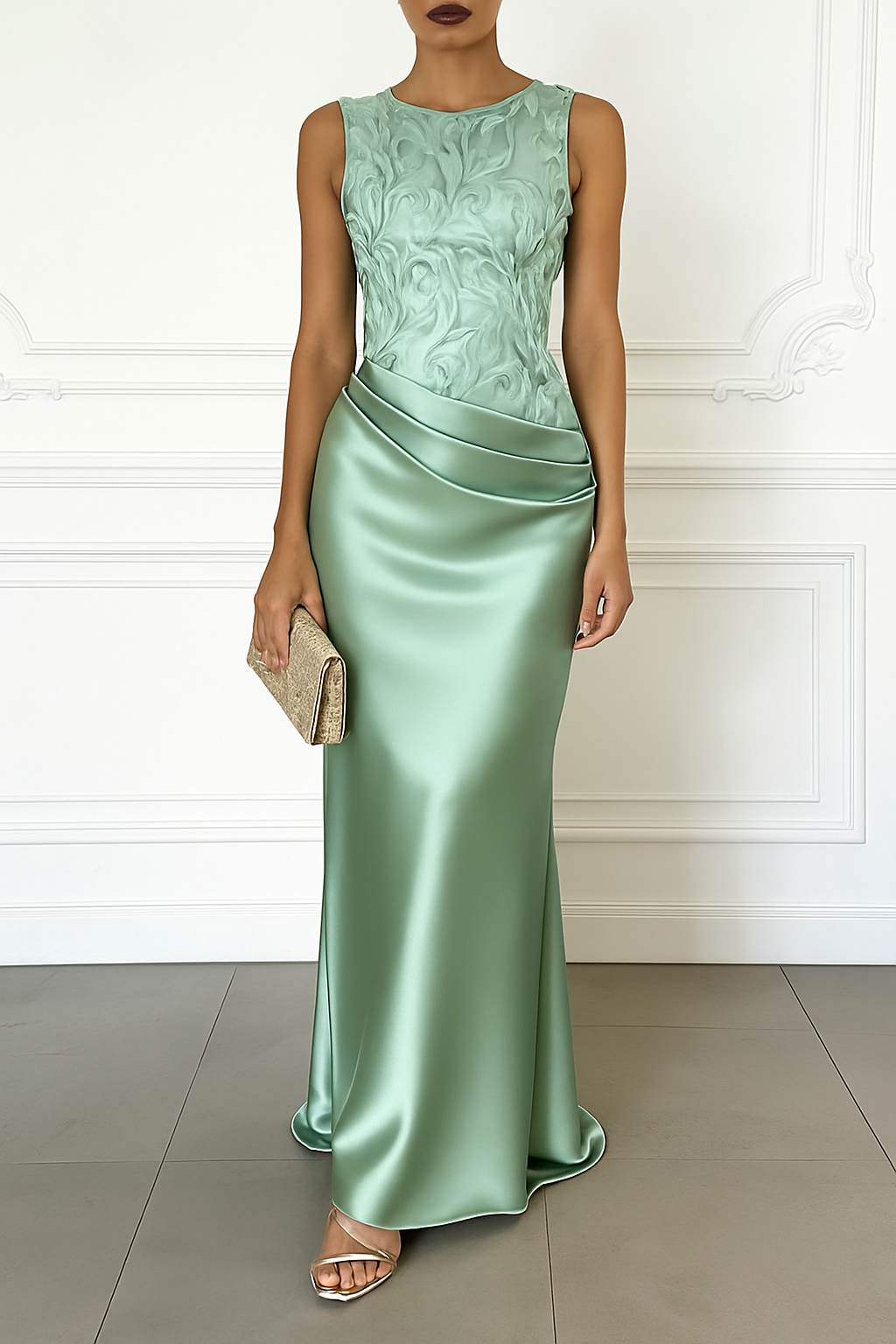 Vera Mesh Embroidery Satin Ruched Crew Neck Sleeveless Gown Maxi Dress