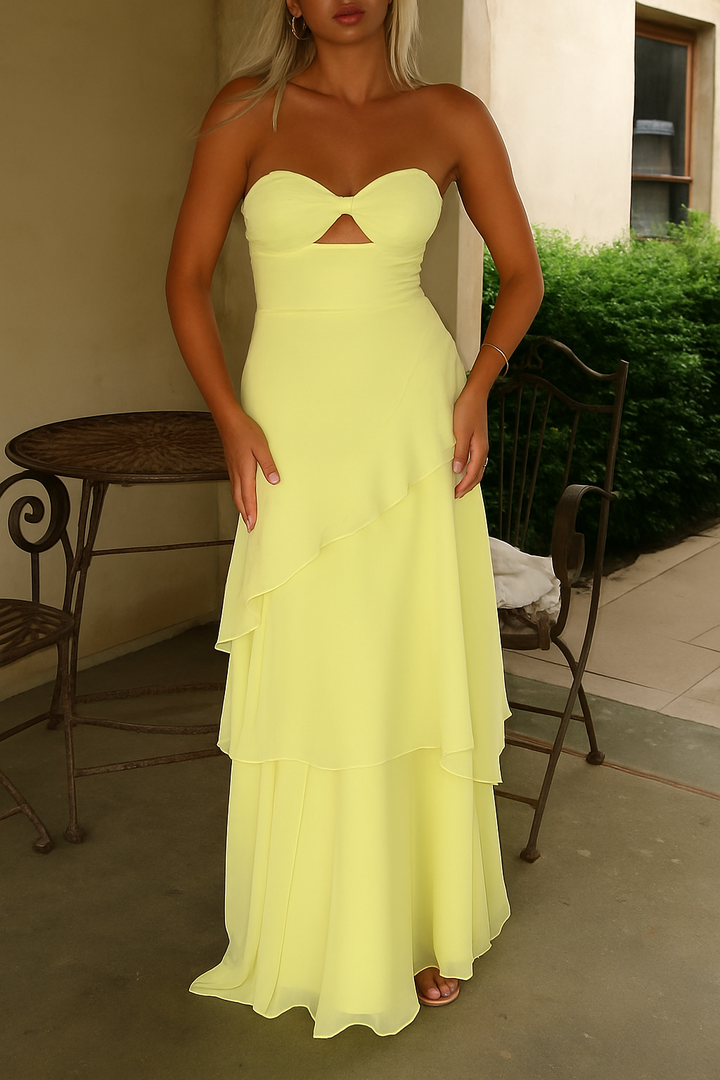 Gretta Heart-shaped Cutout Neckline Layered Ruffles Strapless Maxi Dress