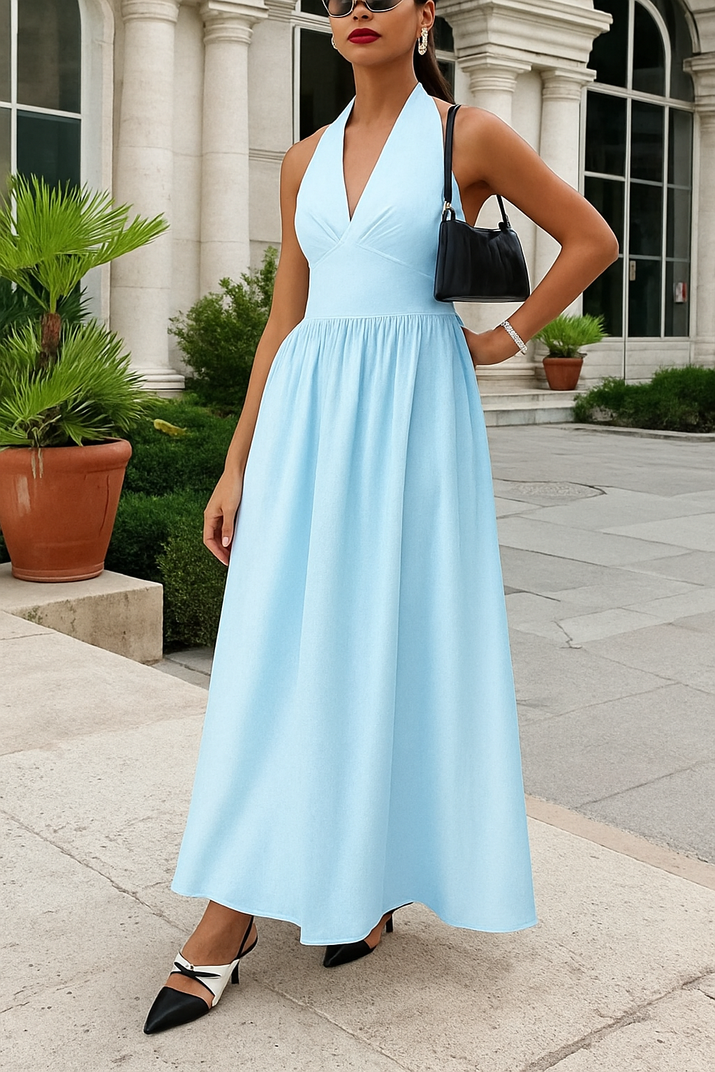 Solid Color Halter Neck Tie Elegant Backless Waist-cinching Maxi Dress