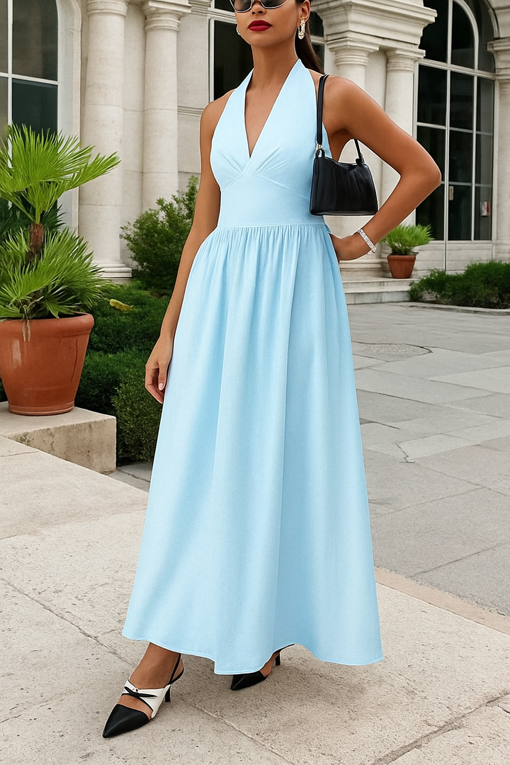 Solid Color Halter Neck Tie Elegant Backless Waist-cinching Maxi Dress