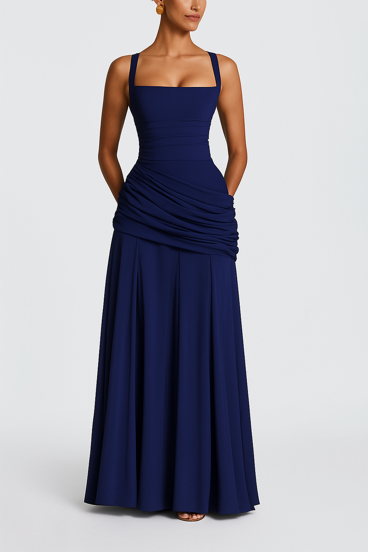Stylish Spaghetti Strap Square Neck Slim-fit Elegant Pleated Maxi Dress