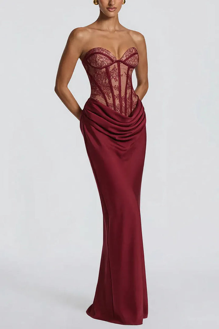 Kathleen Floral Lace Contrast Structural Detail Back Lace-up Satin Hem Strapless Maxi Dress