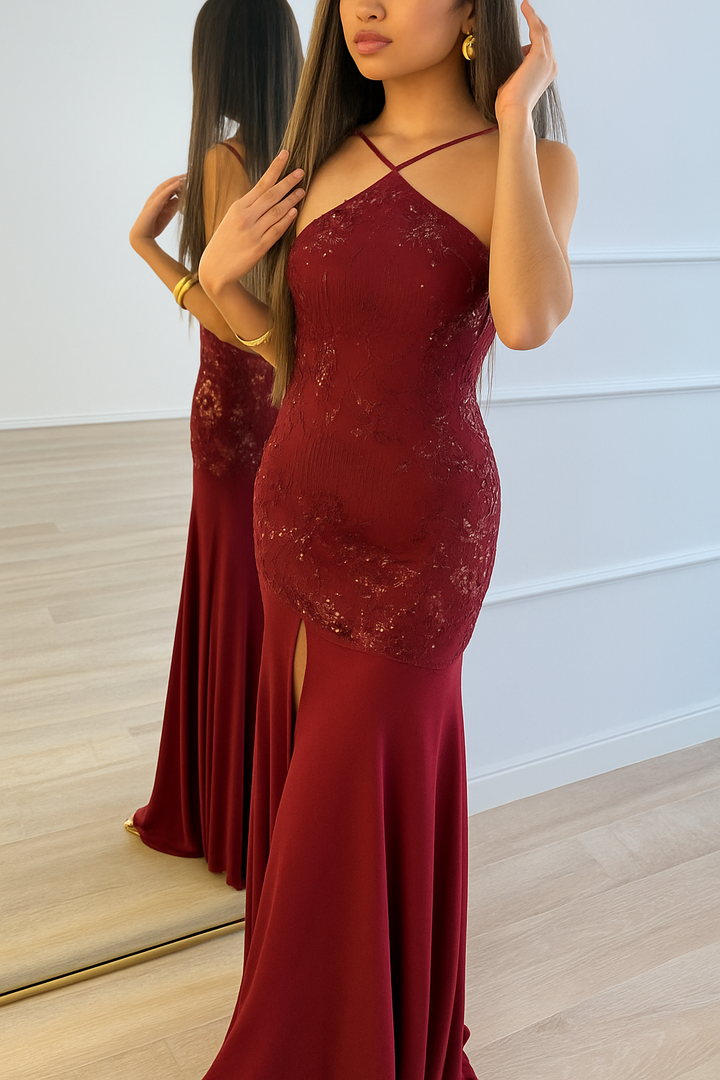 Fashionable Sequined Halter Neck Elegant Slim-fit Slit Maxi Dress