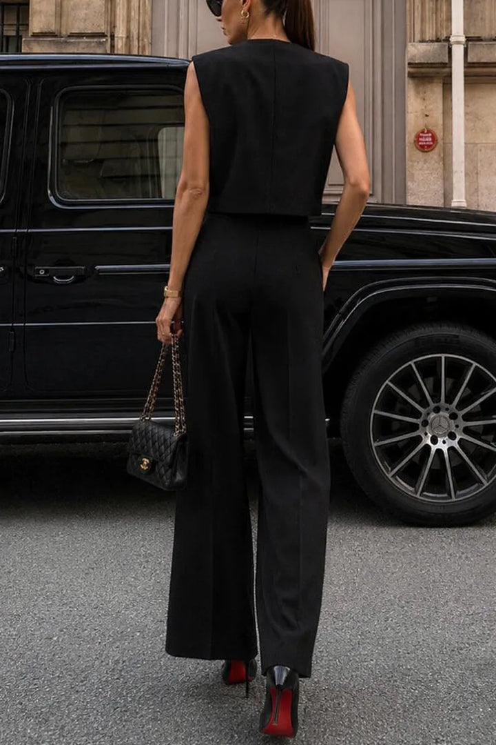 Office Hours V-neck Button Tank and Pleated High Rise Pocket Loose Pants Set