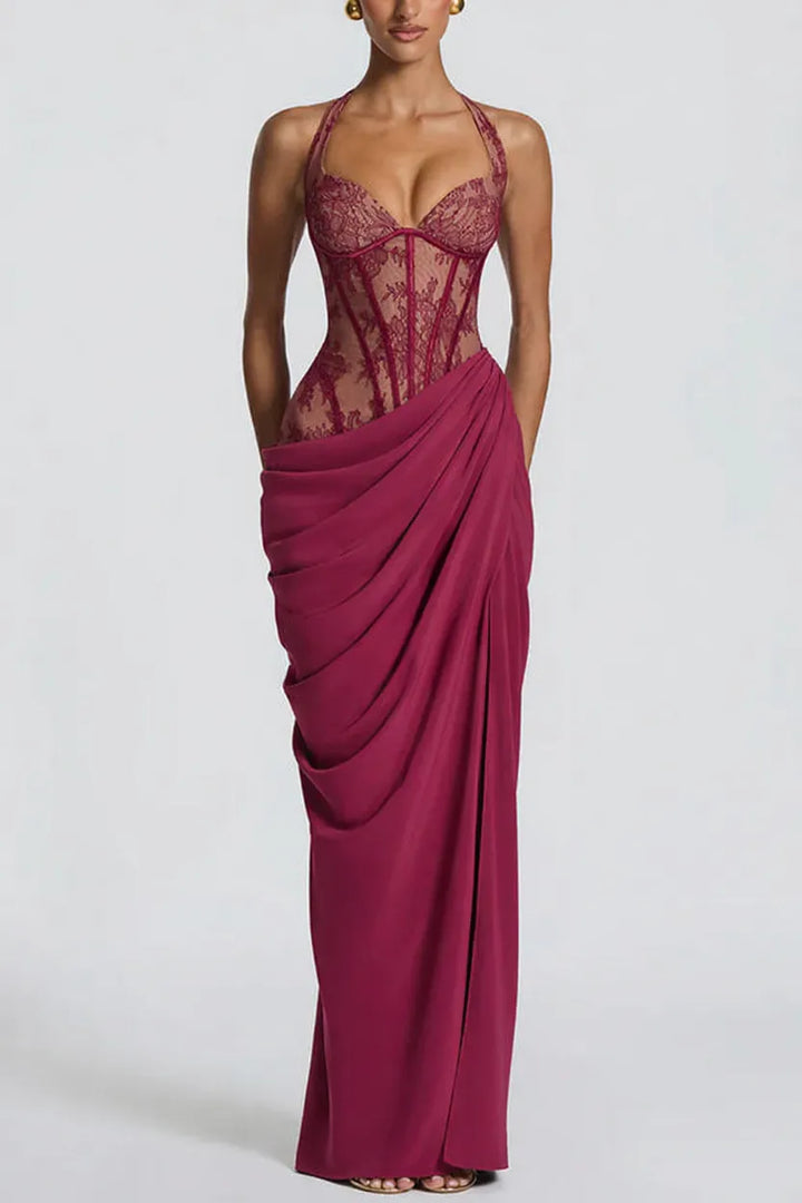 Bonita Floral Lace Contrast Structural Detail Asymmetrical Pleats Halter Slit Maxi Dress