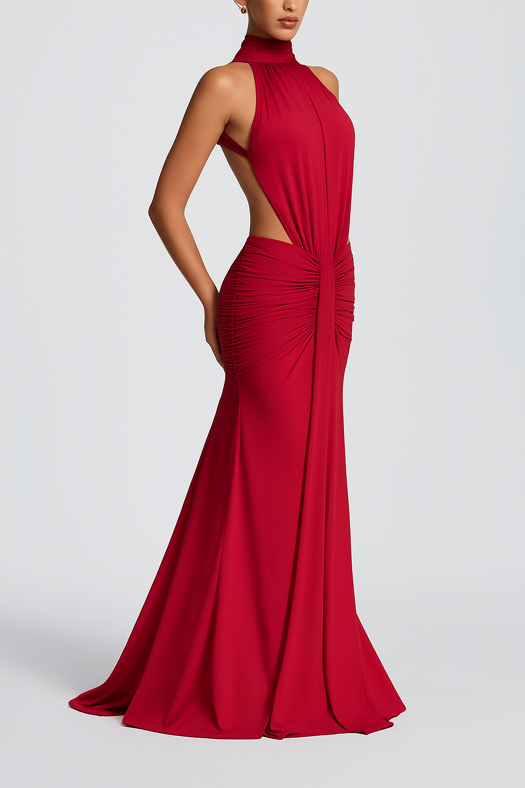 Thekla Stretch Slinky Jersey High Neck Ruched Backless Drape Maxi Dress