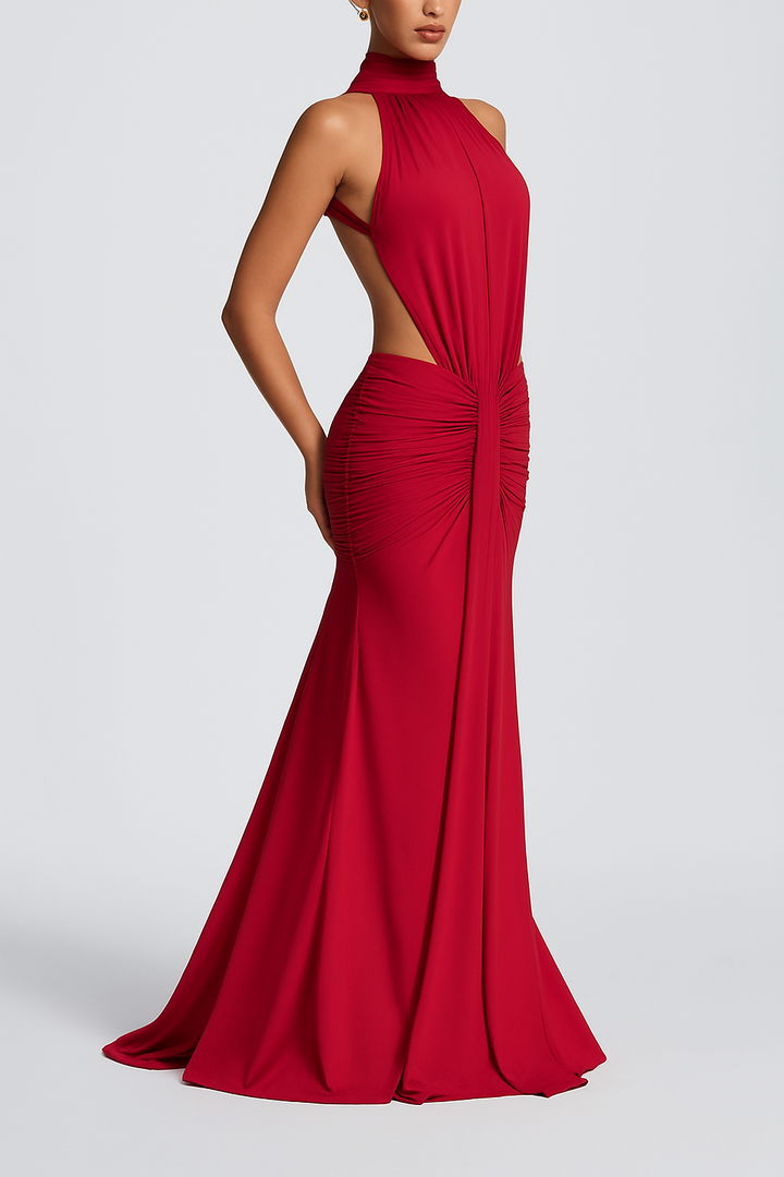 Thekla Stretch Slinky Jersey High Neck Ruched Backless Drape Maxi Dress
