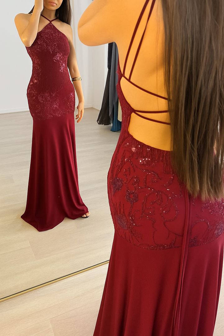 Fashionable Sequined Halter Neck Elegant Slim-fit Slit Maxi Dress