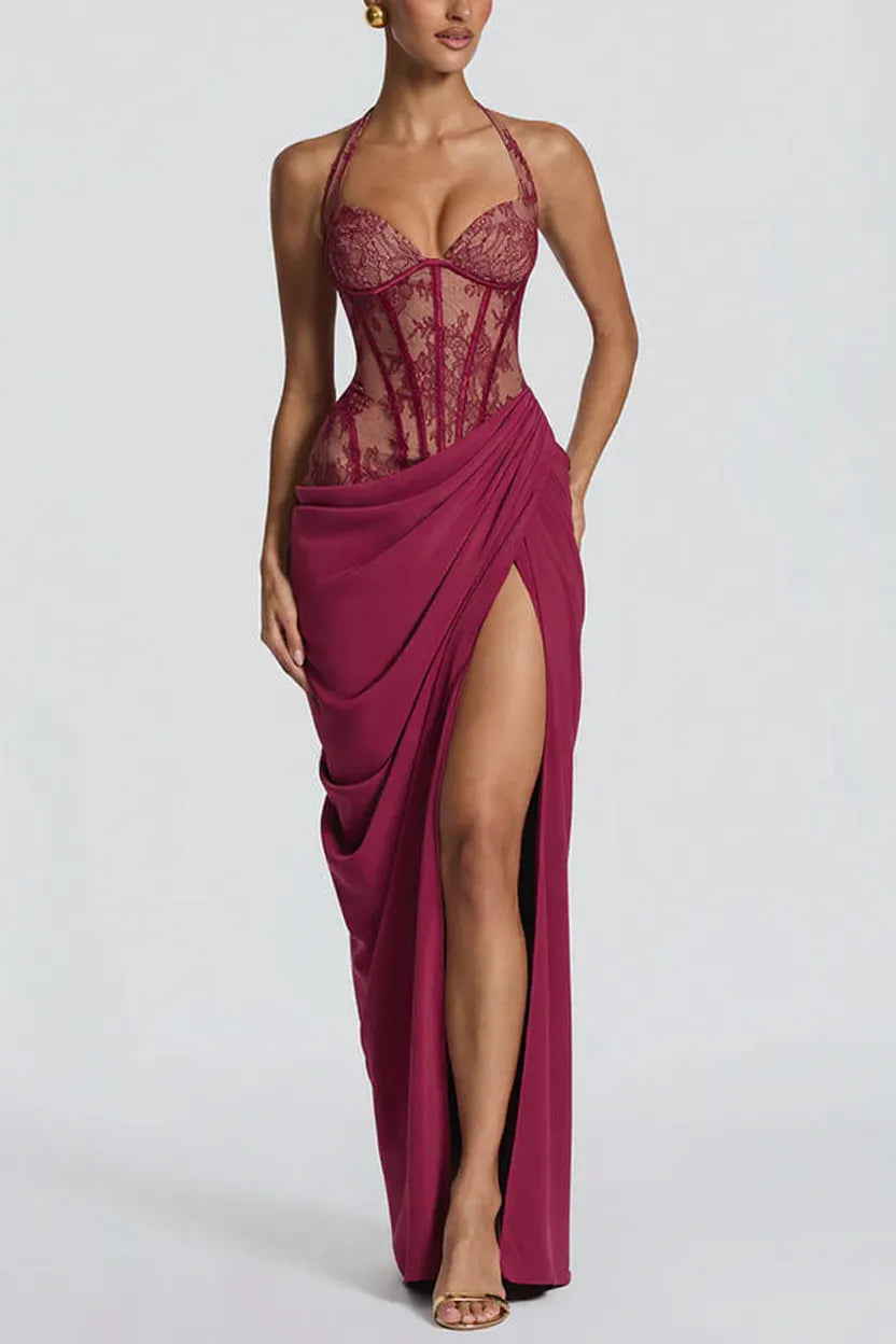 Bonita Floral Lace Contrast Structural Detail Asymmetrical Pleats Halter Slit Maxi Dress