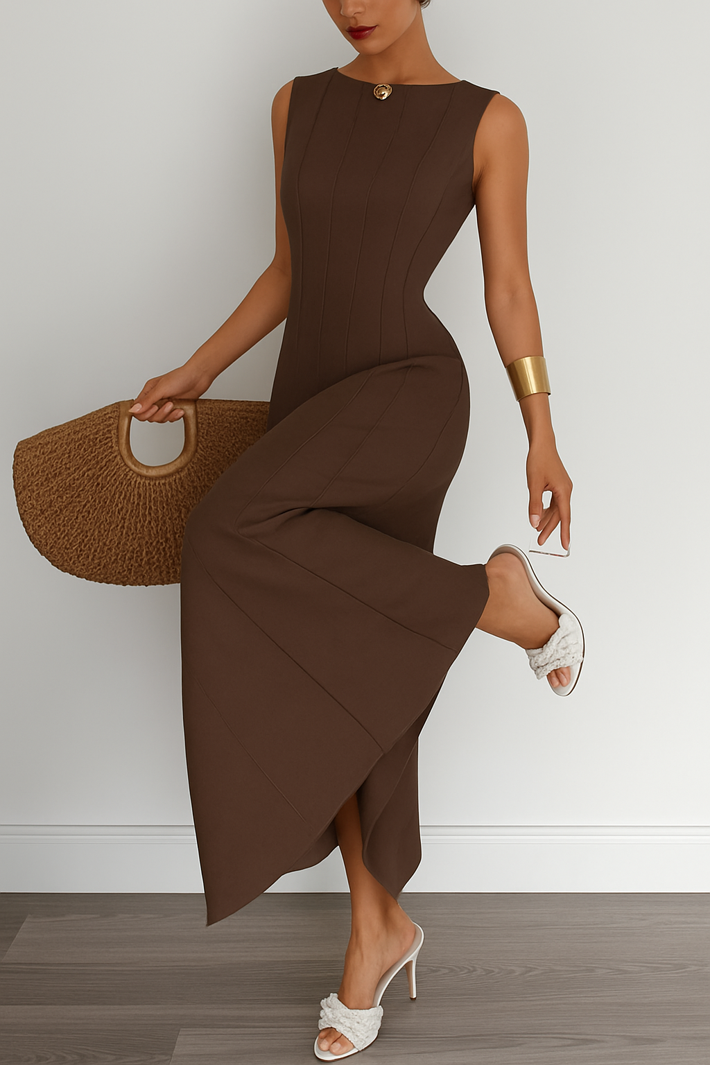 Solid Color Round Neck Sleeveless Elegant Pleated Casual Maxi Dress