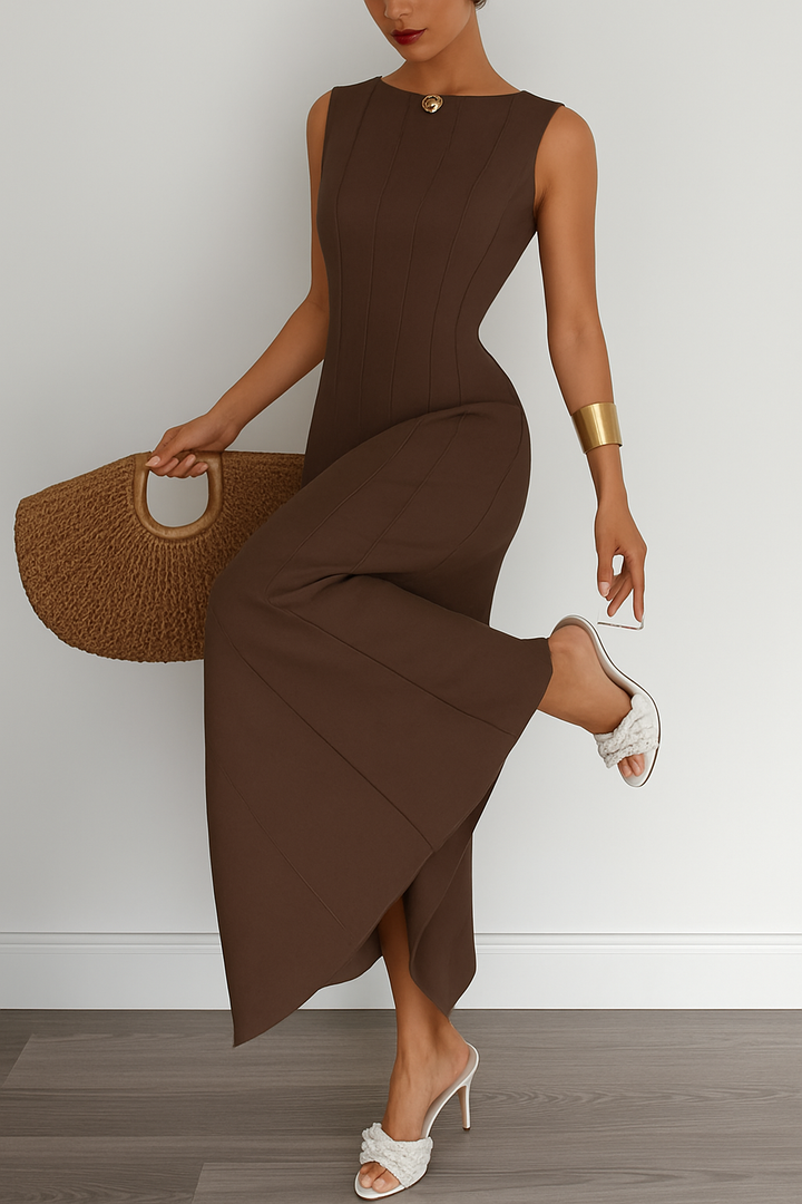Solid Color Round Neck Sleeveless Elegant Pleated Casual Maxi Dress