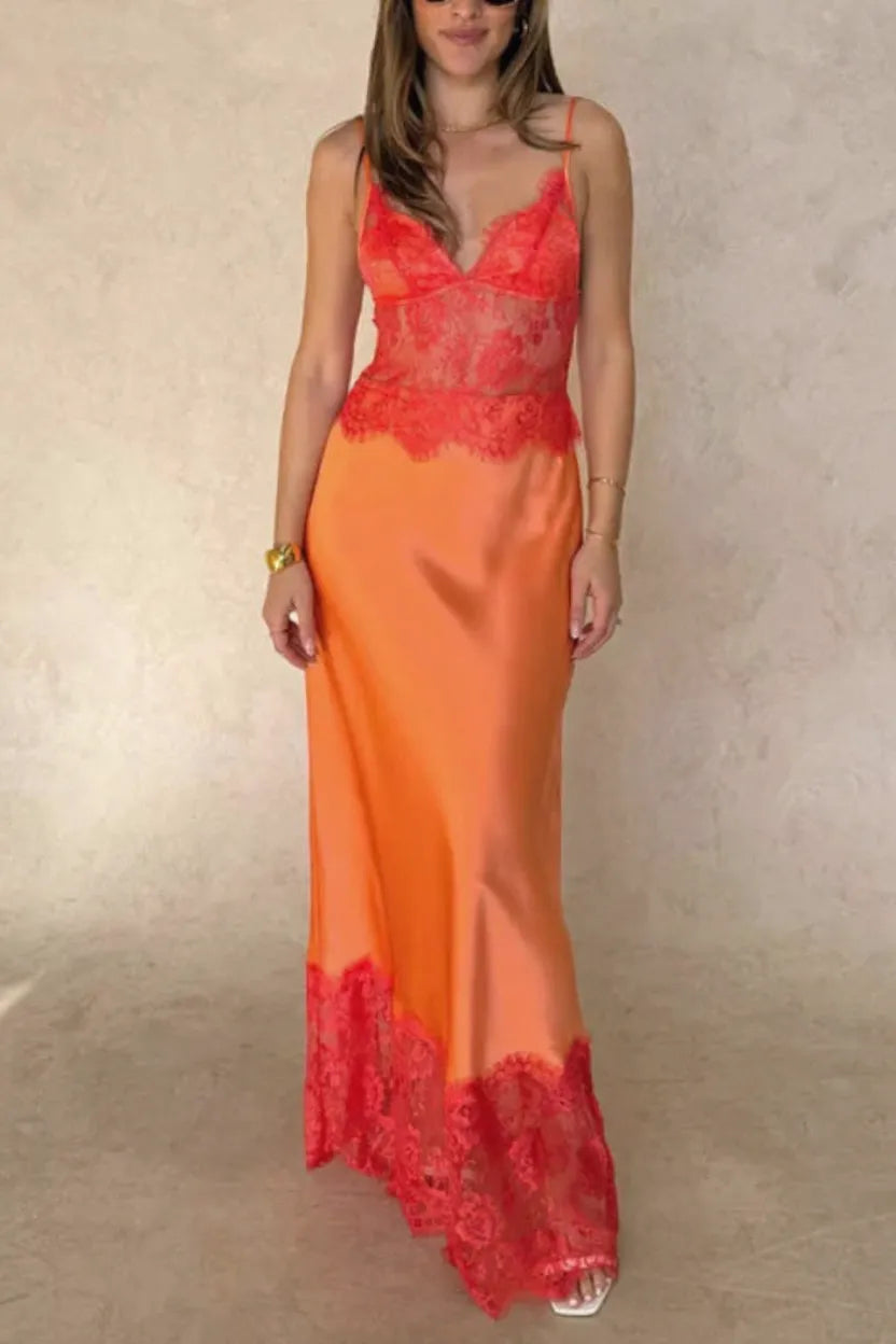 Fashionable Satin Lace Patchwork Sheer V-neck Elegant Slim-fit Maxi Dress