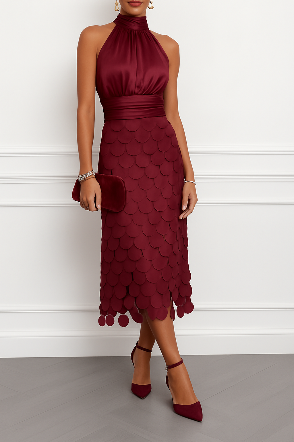 Janice Satin Ruched Halter Neck Sleeveless Embroidered Polka Dot Hem Midi Dress