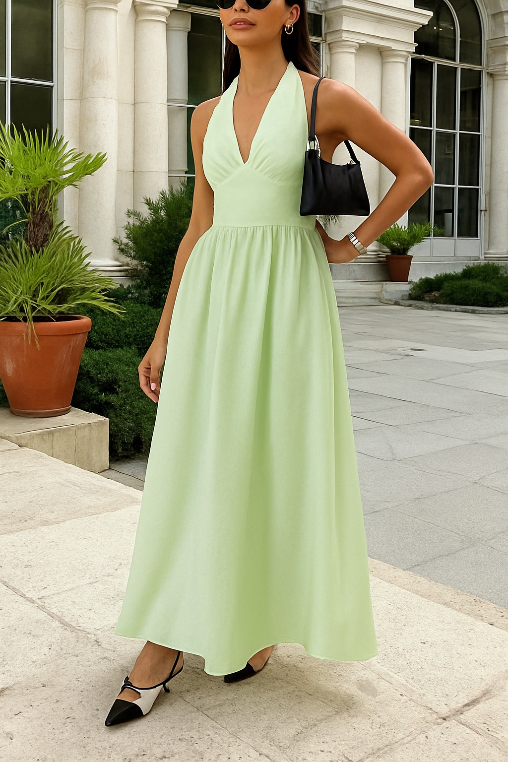Solid Color Halter Neck Tie Elegant Backless Waist-cinching Maxi Dress