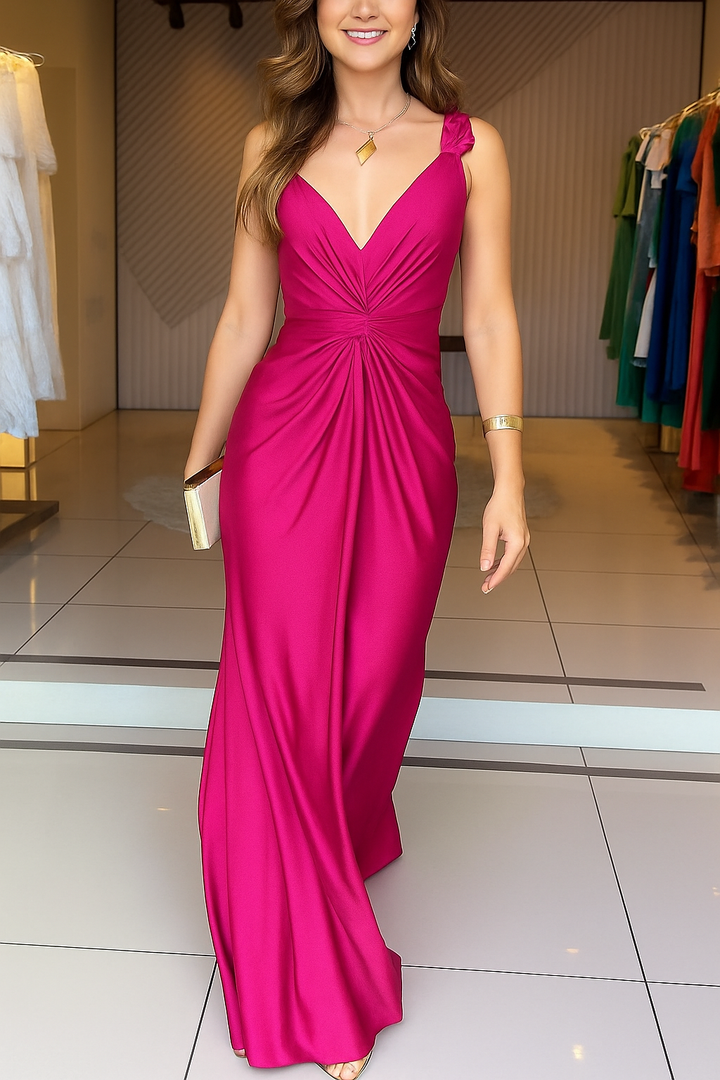 Glow Together Satin Knot Design Shoulder Strap Sleeveless Drape Slit Maxi Dress