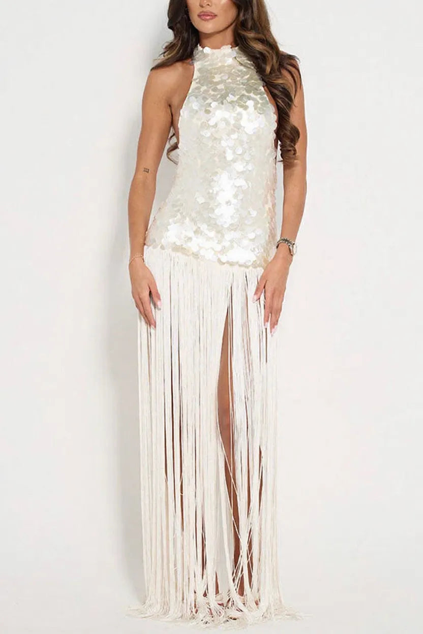 Eye-catching Metallic Disc Sequin Embellishments Overlay Fringe Hem Halter Neck Maxi Dress