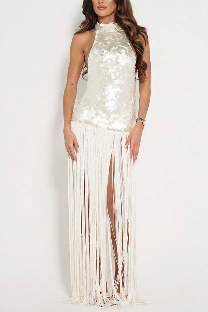 Eye-catching Metallic Disc Sequin Embellishments Overlay Fringe Hem Halter Neck Maxi Dress