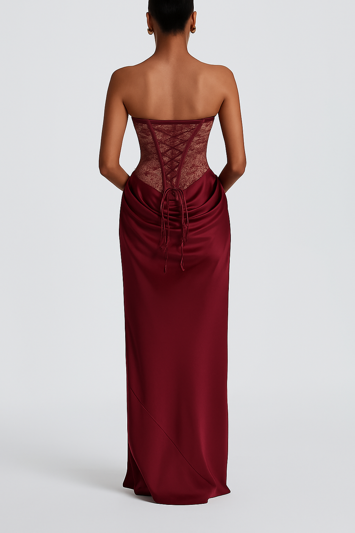 Kathleen Floral Lace Contrast Structural Detail Back Lace-up Satin Hem Strapless Maxi Dress
