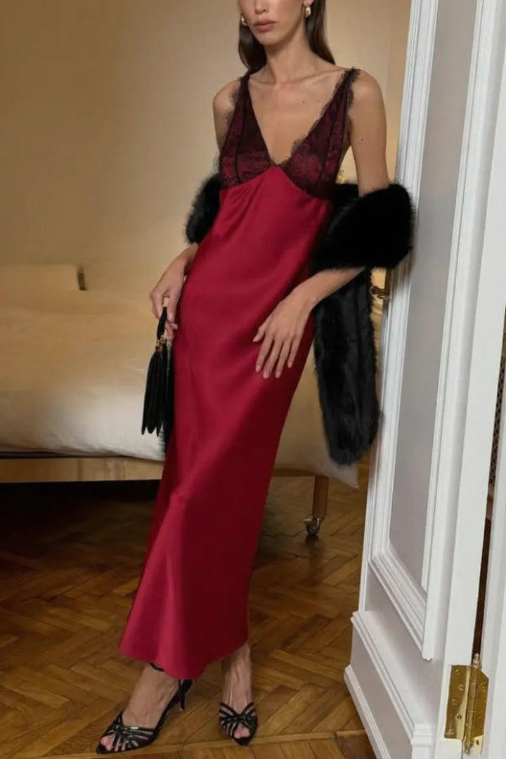 Fashionable Satin Lace Patchwork Spaghetti Strap Backless Elegant Slim-fit Maxi Dress