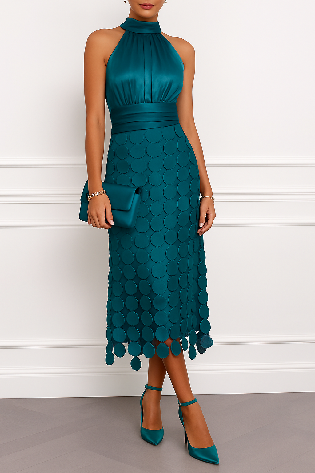 Janice Satin Ruched Halter Neck Sleeveless Embroidered Polka Dot Hem Midi Dress