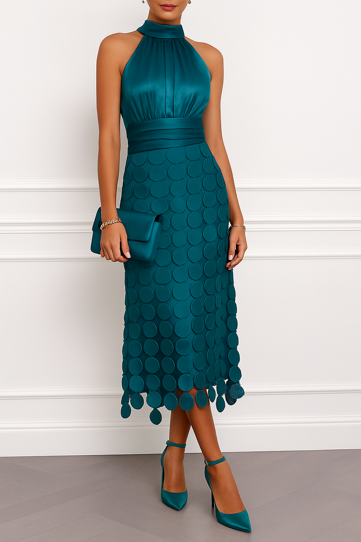 Janice Satin Ruched Halter Neck Sleeveless Embroidered Polka Dot Hem Midi Dress