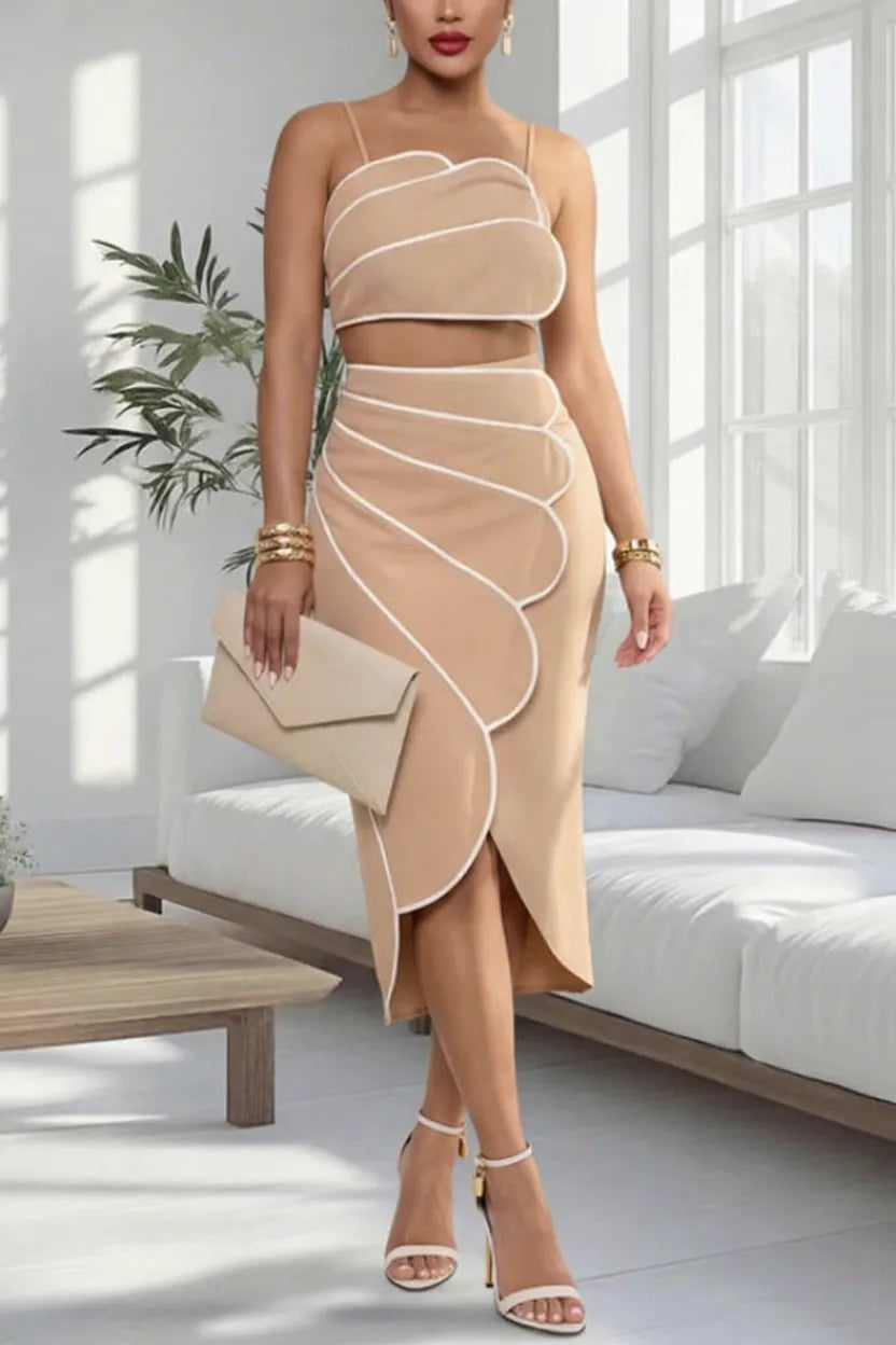 Stylish Spaghetti Strap Cropped Fitted Top and Elegant Asymmetrical Midi Skirt Set