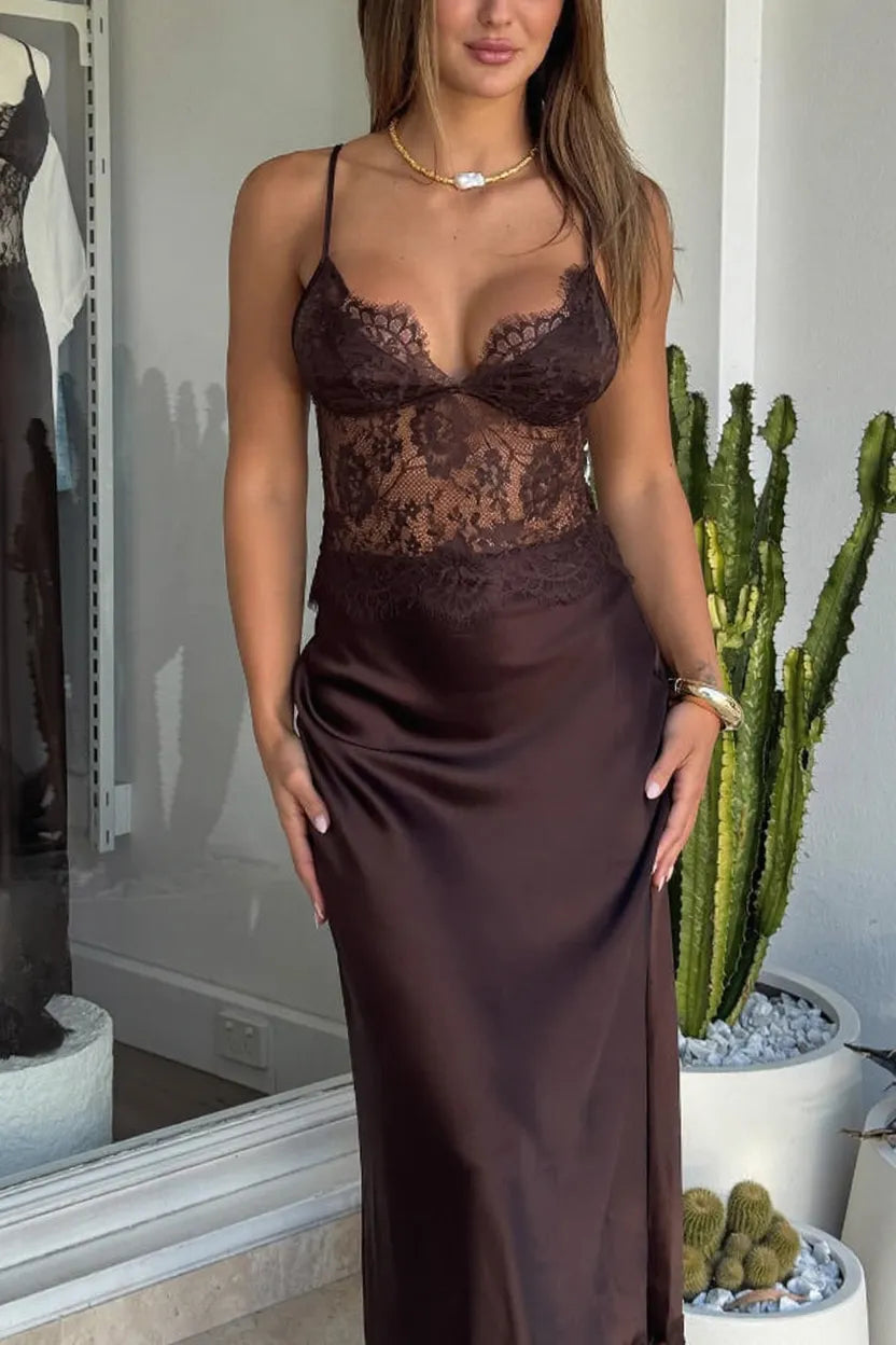 Fashionable Satin Lace Patchwork Sheer V-neck Elegant Slim-fit Maxi Dress