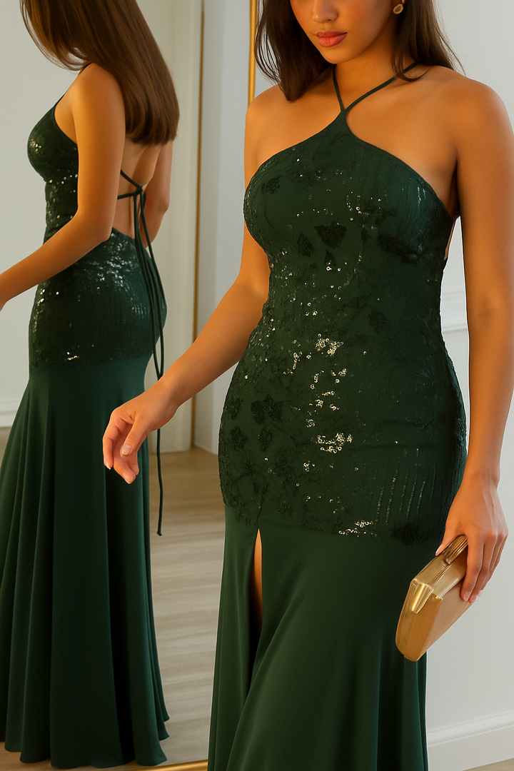 Fashionable Sequined Halter Neck Elegant Slim-fit Slit Maxi Dress