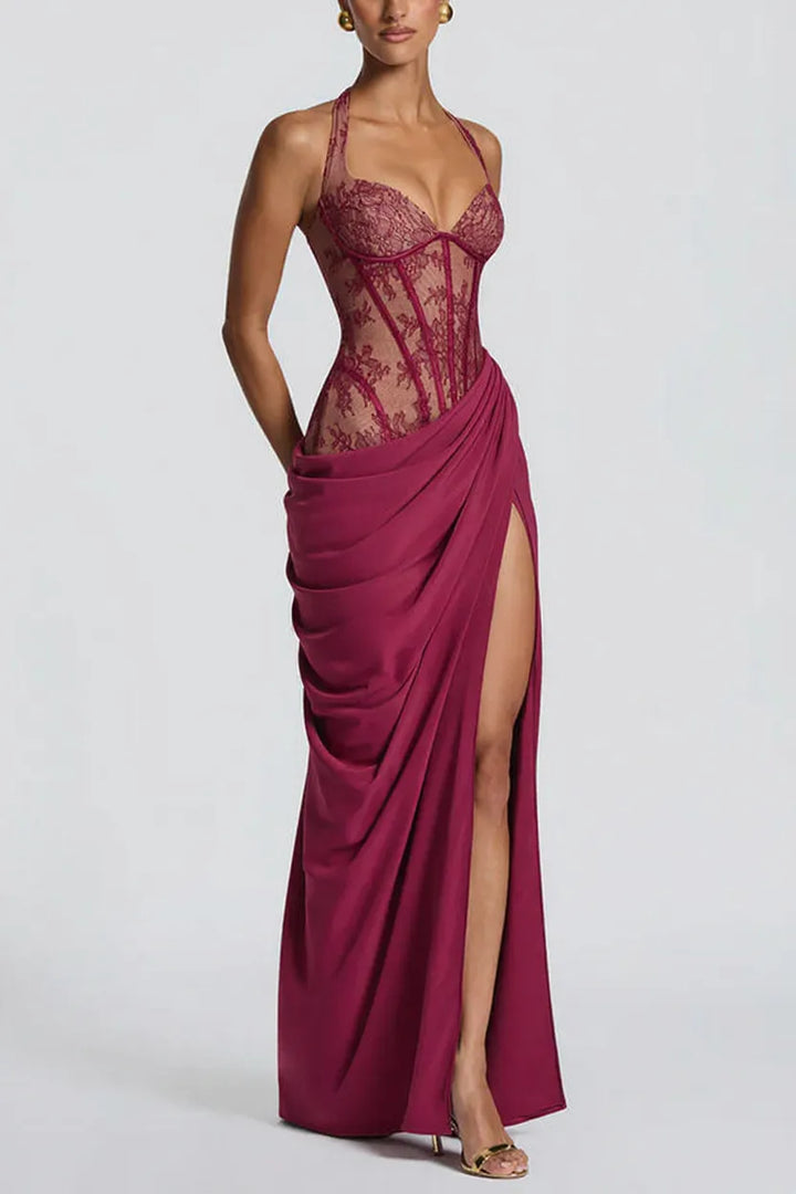 Bonita Floral Lace Contrast Structural Detail Asymmetrical Pleats Halter Slit Maxi Dress