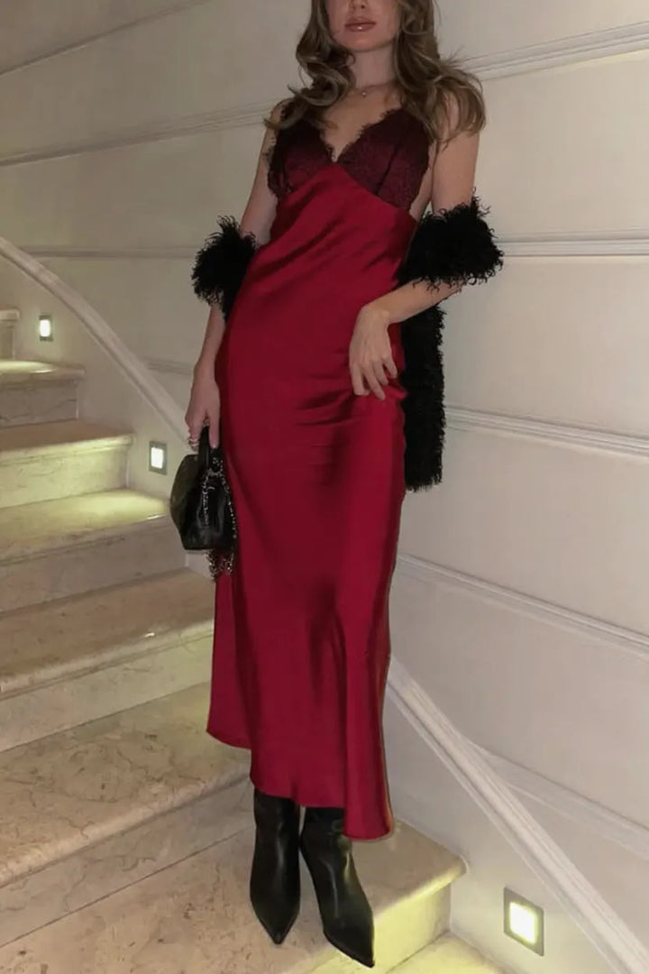 Fashionable Satin Lace Patchwork Spaghetti Strap Backless Elegant Slim-fit Maxi Dress