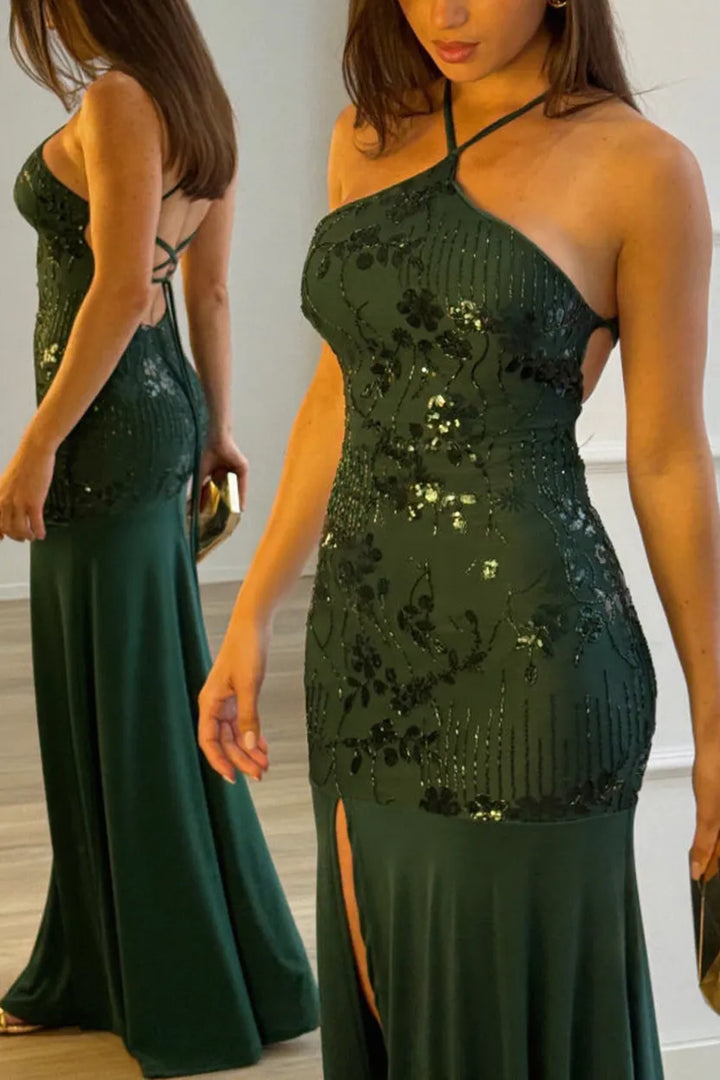 Fashionable Sequined Halter Neck Elegant Slim-fit Slit Maxi Dress