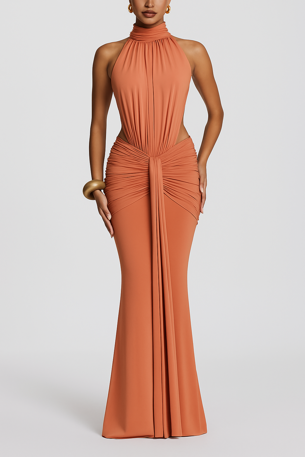 Thekla Stretch Slinky Jersey High Neck Ruched Backless Drape Maxi Dress