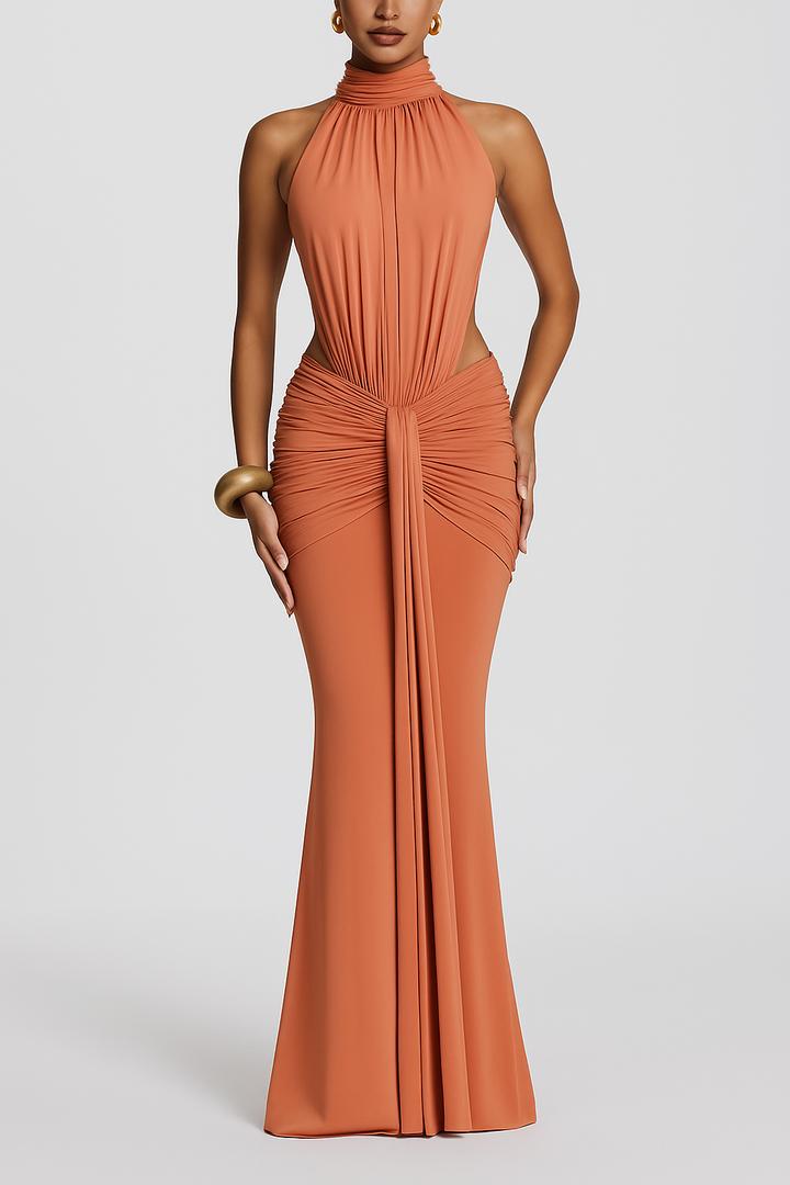 Thekla Stretch Slinky Jersey High Neck Ruched Backless Drape Maxi Dress