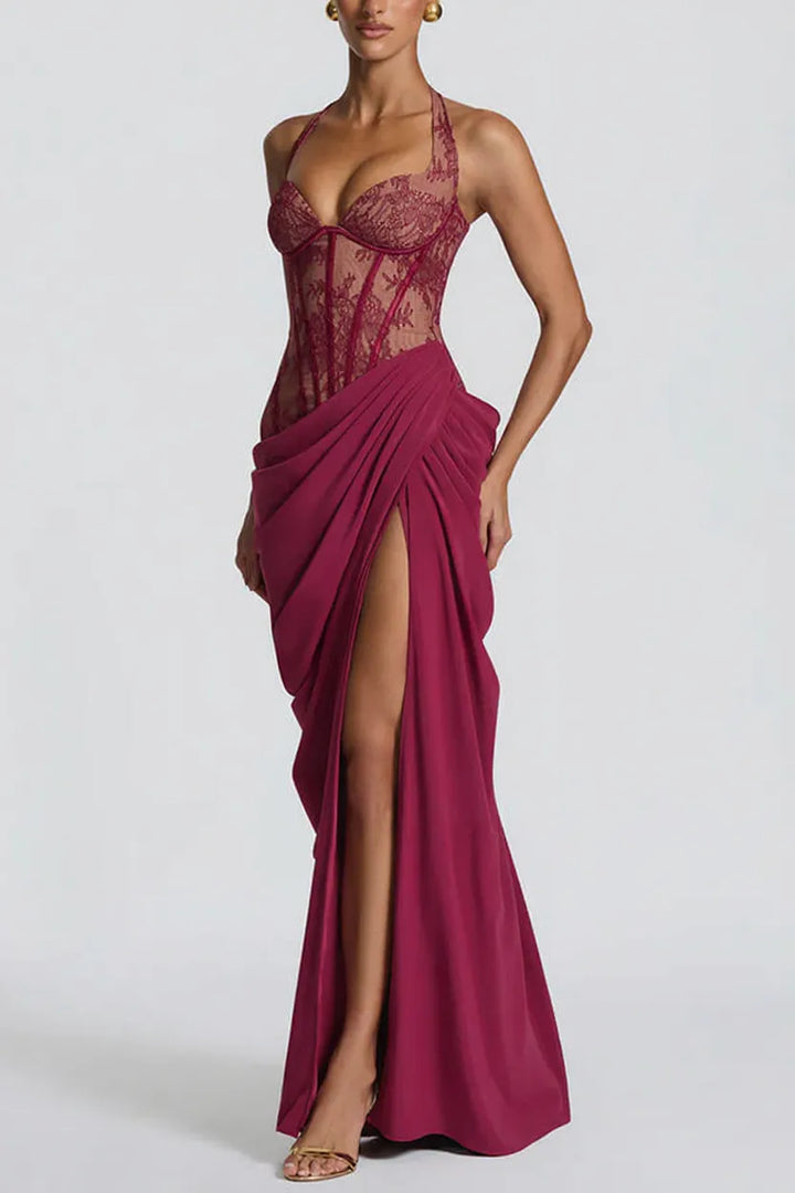 Bonita Floral Lace Contrast Structural Detail Asymmetrical Pleats Halter Slit Maxi Dress