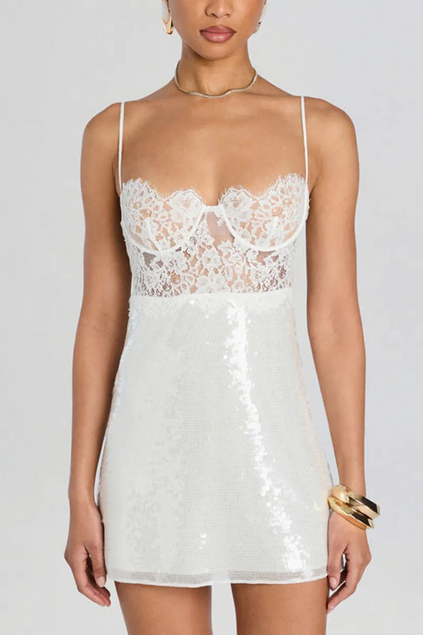 Alexandra Sequin Contrast Sheer Lace Bodice Slip Mini Dress